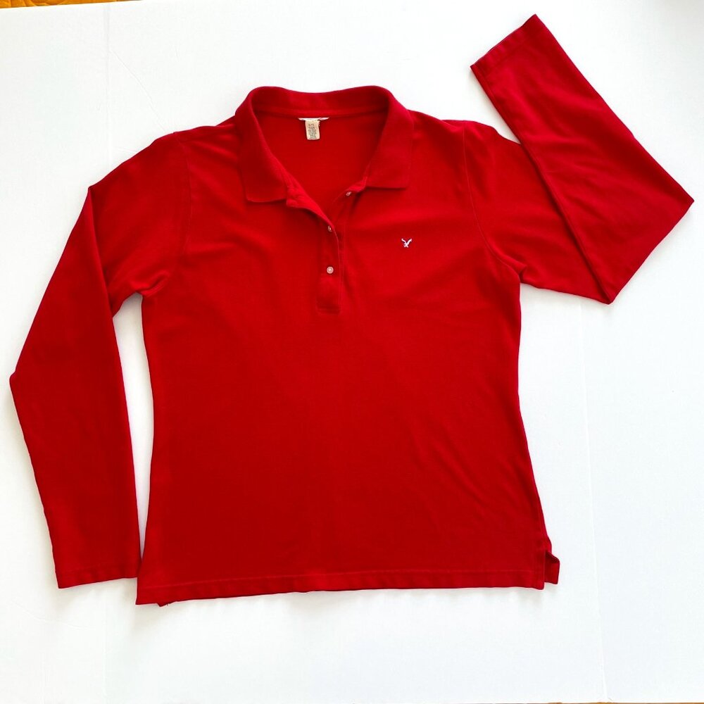 Vintage American Eagle Stretch Long Sleeve Polo Shirt in Red Size XL